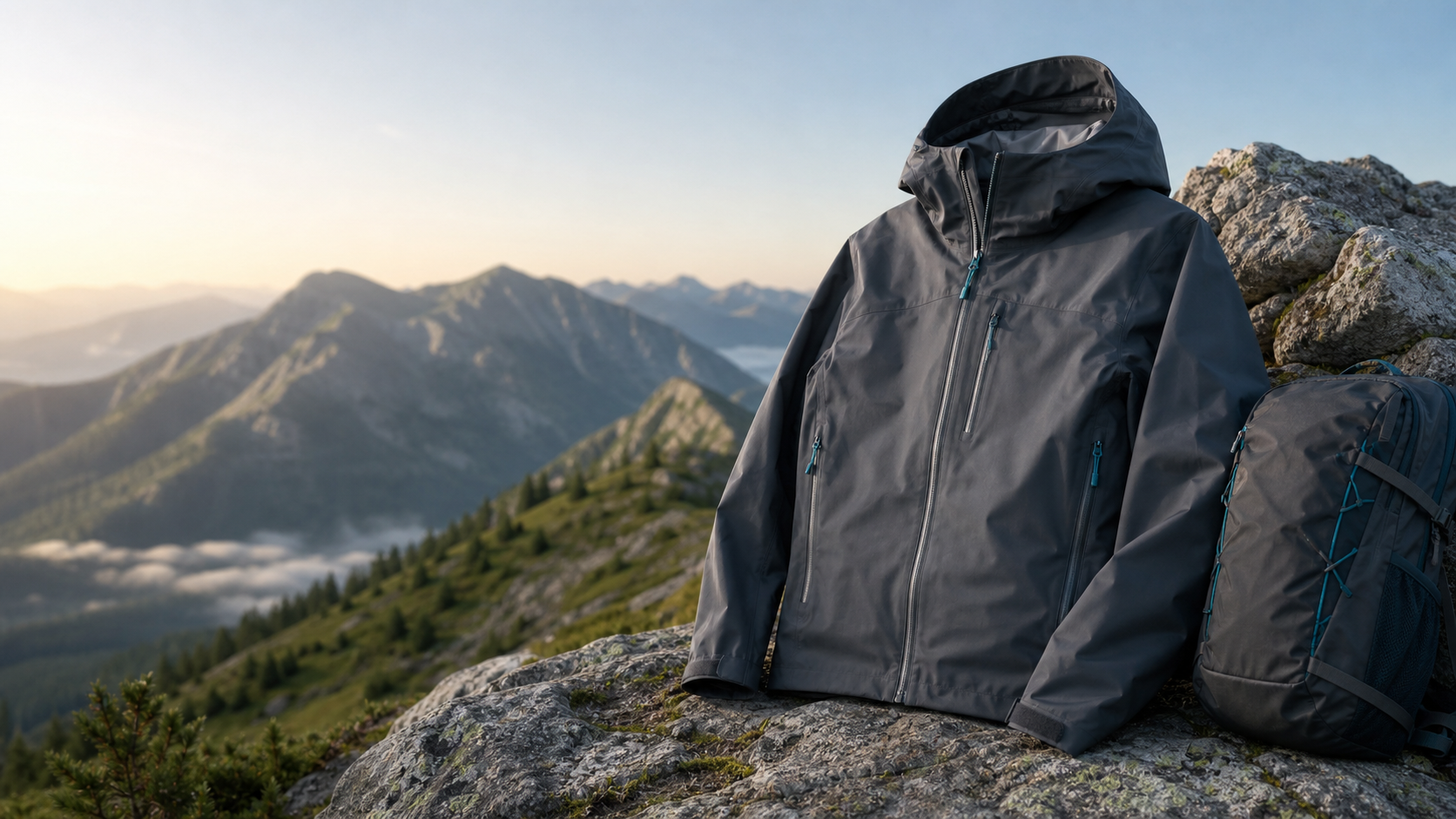Graphite alpine shell jacket on a mountain trail